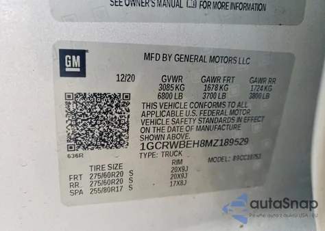 2021 Chevrolet Silverado C1500 Custom z USA, uszkodzony, nr VIN 1GCRWBEH8MZ189529